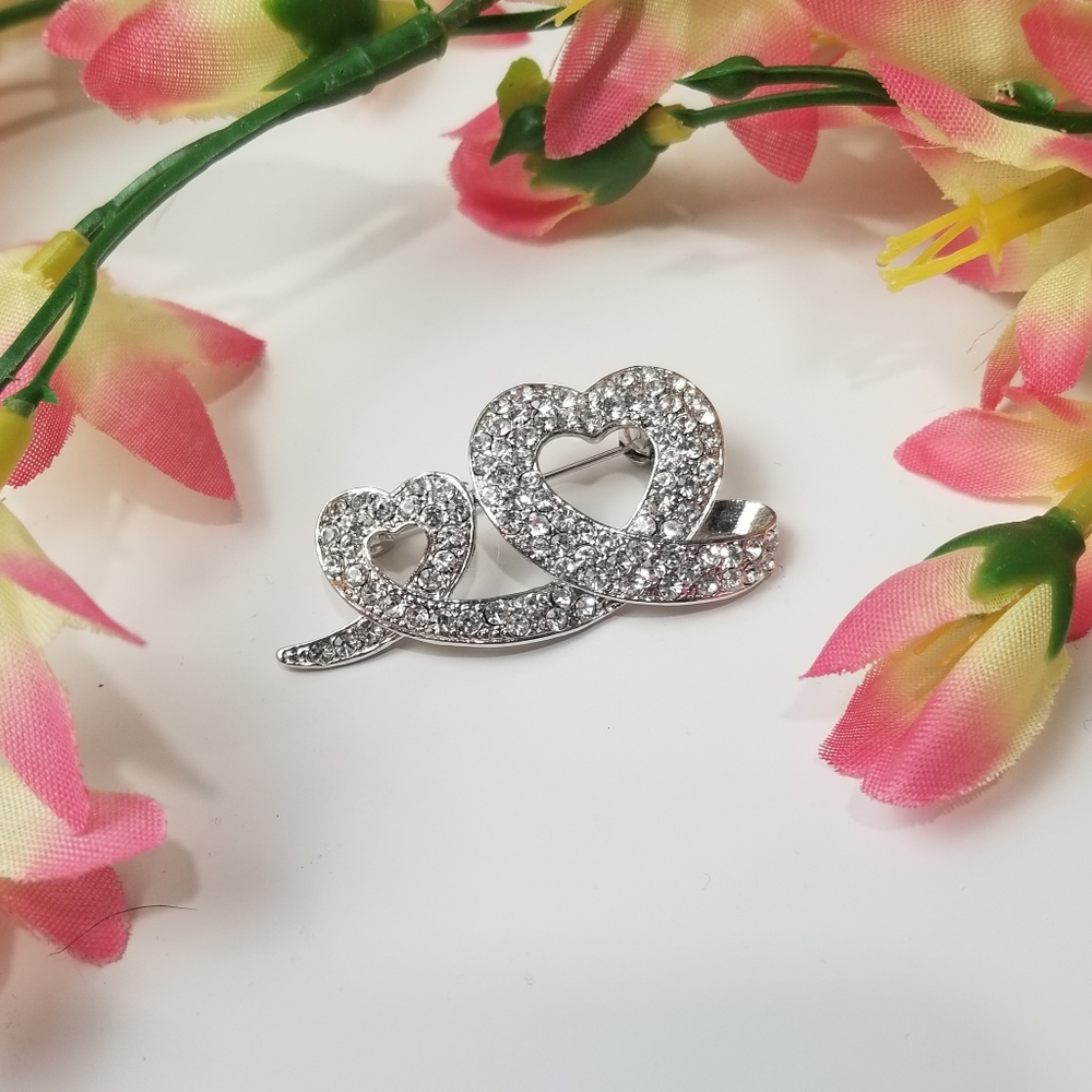 Korean Crystal Double Heart Silver Brooch Pin Gift